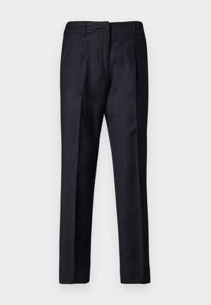 Navy tilpassede bukser med en glat tekstur, som har flat front, doble legg, og belte-løkker. Rett benkutt, ferdig hem.