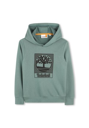 Sweatshirt à capuche verte en tissu texturé avec un logo d'arbre noir à l'avant. Comprend une poche kangourou et des poignets côtelés.