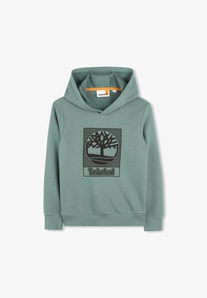 Groene hoodie gemaakt van textiel met structuur, voorzien van een zwart boomlogo op de voorkant. Inclusief een kangoeroezak en geribbelde manchetten.