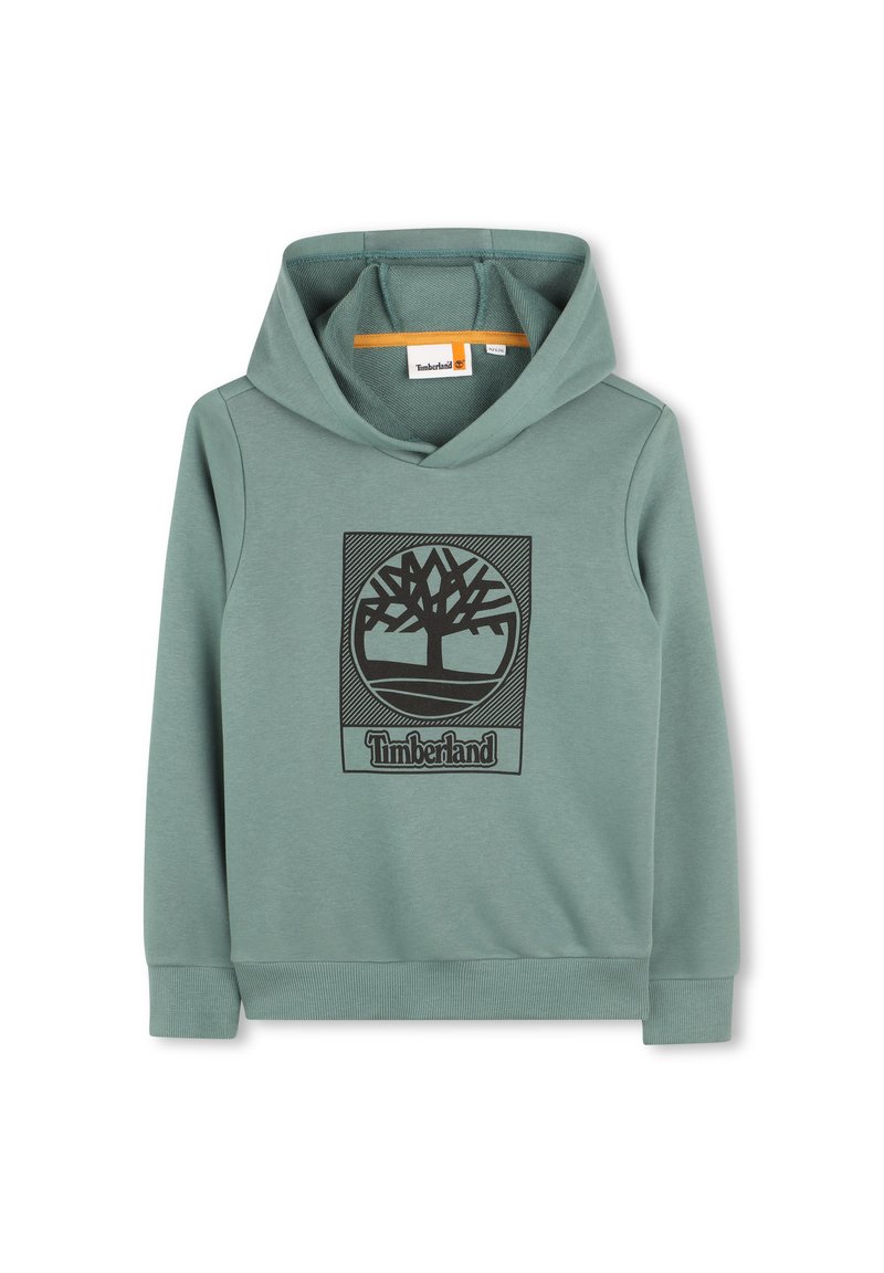 Sweatshirt à capuche verte en tissu texturé avec un logo d'arbre noir à l'avant. Comprend une poche kangourou et des poignets côtelés.