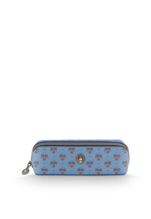 Blue rectangular pencil case with floral pattern, metal zipper, and decorative round metal emblem in the center and on the zipper pull.