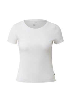 T-shirt bianca in cotone a maniche corte aderente con scollo rotondo e etichetta della taglia visibile all'interno del colletto.