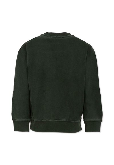Donkergroene sweatshirt met een ronde hals, lange mouwen en ribgebreide manchetten en onderkant. Het materiaal heeft een zachte, gestructureerde afwerking.
