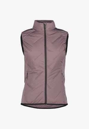 Lehká bezrukávová vesta v barvě mauve s předním zipem a bočními kapsami. Texturovaný povrch má diagonální vzor a černé akcenty.