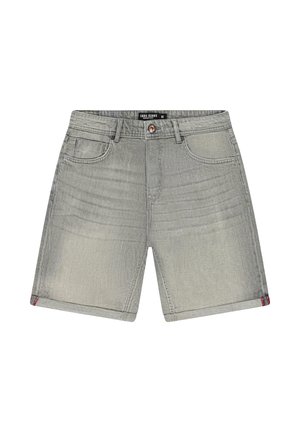 Lichtgrijze denim shorts met voorzakken, riemlussen, knoopsluiting en een klein rood detail op de opgerolde zoom, maat medium.
