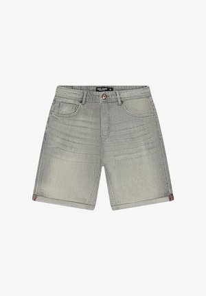 Lichtgrijze denim shorts met voorzakken, riemlussen, knoopsluiting en een klein rood detail op de opgerolde zoom, maat medium.