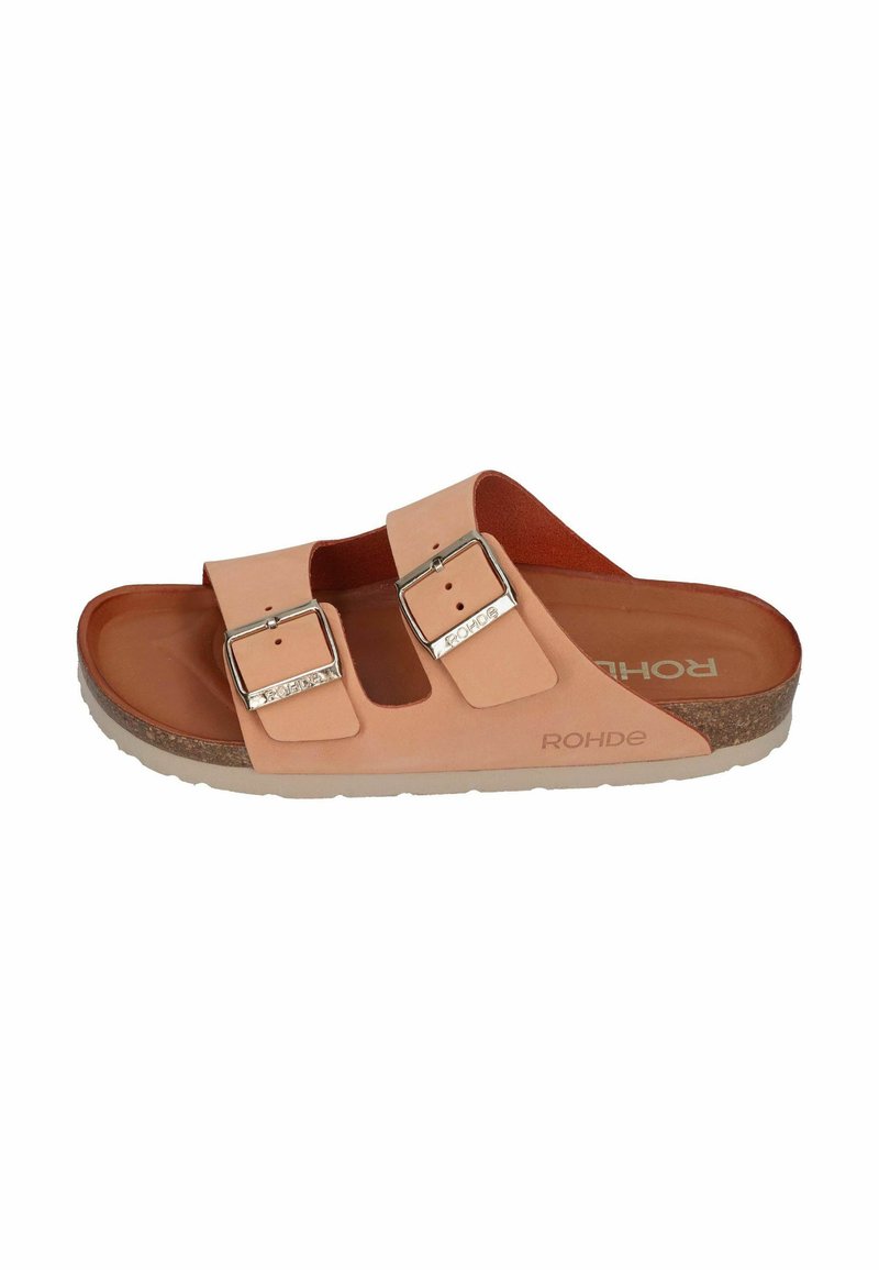 Light pink sandals with two adjustable straps, metallic buckles, and a cork footbed. Textured rubber sole and "ROHDE" branding visible.