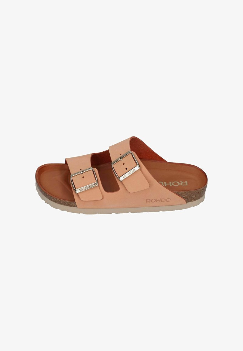 Light pink sandals with two adjustable straps, metallic buckles, and a cork footbed. Textured rubber sole and "ROHDE" branding visible.