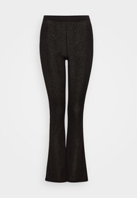 Schwarze, ausgestellt geschnittene Leggings aus einem glänzenden, strukturierten Stoff. Mit einem elastischen Bund und einer figurschmeichelnden Silhouette.