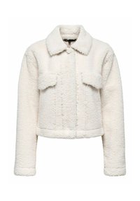 Giacca sherpa bianca corta con ampio colletto, maniche lunghe e due tasche frontali a pattina.