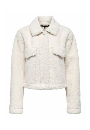 Bijela skraćena sherpa jakna s širokim kragnom, dugim rukavima i dvije prednje preklopne džepove.