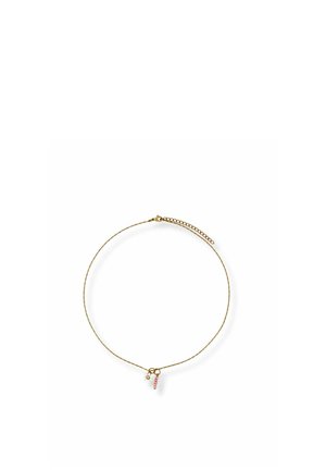 Thin gold chain necklace with small charm featuring a single white bead and a vertical row of tiny pink beads.