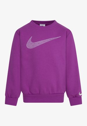 Felpa viola maniche lunghe con scollo rotondo con grande logo Nike bianco a pois sul petto e piccolo logo bianco sul polsino sinistro.