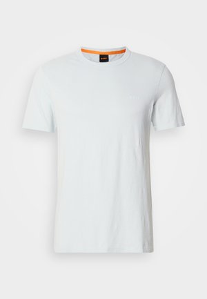 Light blue short-sleeve t-shirt made of soft fabric, featuring a round neckline with an orange inner trim and a subtle logo on the front.