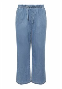 Ljusblå denimbyxor med elastisk midja och snörning. Har raka ben och en slät, mjuk textur. Inga synliga fickor.