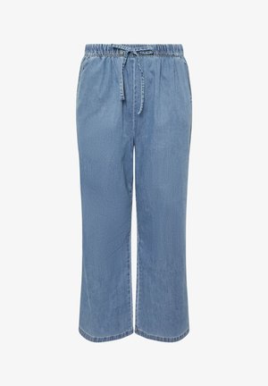 Lysblå denimbukser med elastisk talje og snøre. Har lige ben og en glat, blød tekstur. Ingen synlige lommer.