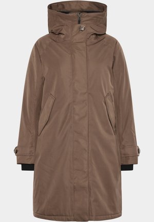 Manteau à capuche marron avec zip à l'avant, deux poches latérales, accents en bouton et manches côtelées. Texture lisse et design mi-long.