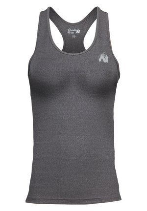 Gray athletic tank top made from stretch fabric, featuring a scoop neckline, racerback design, and a small logo printed on the upper left side.