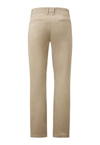Beige trousers with a smooth texture, straight cut, two back pockets, and belt loops. Features minimal stitching and a clean hem.