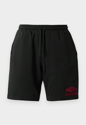 Černé šortky na stažení s bočními kapsami a vyšitým červeným logem Umbro na dolní části levé nohy.