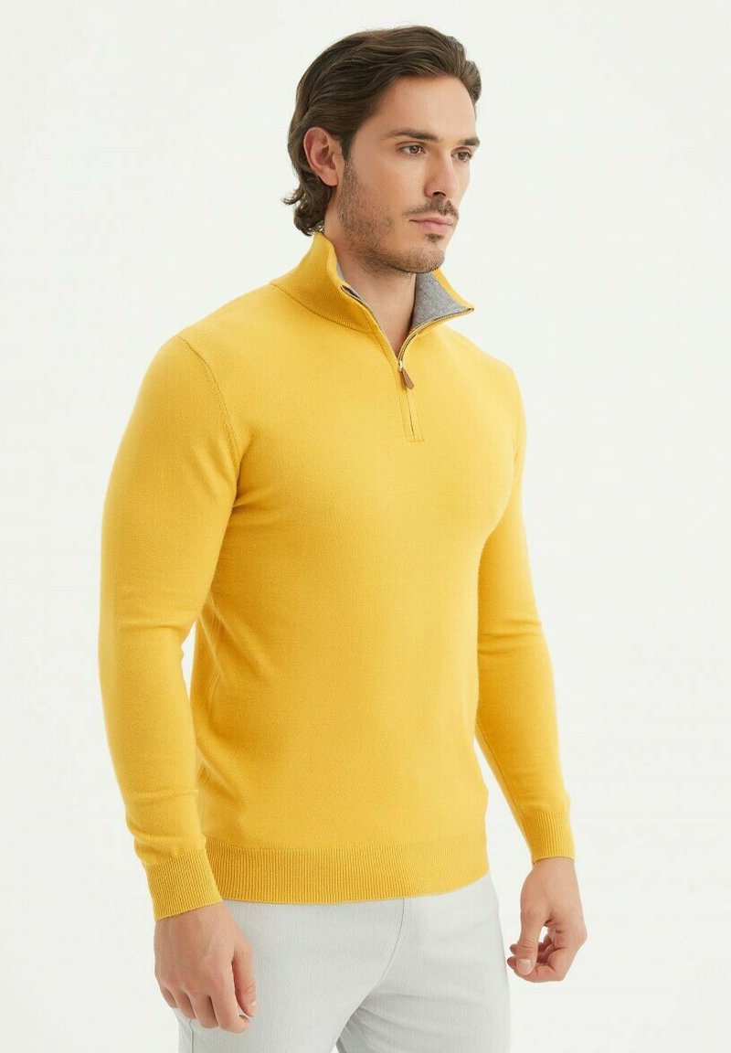 Homme aux cheveux bruns portant un pull à col zippé jaune et un pantalon clair, se tenant devant un fond blanc uni.