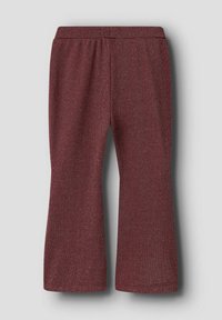 Barnfärgad maroon strumpbyxor med subtila silvertrådar och flare benklipp, liggande platt på en vit bakgrund.