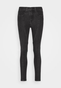 Čierne skinny jeans zo denimu s vysokým pásom, so šikmými postrannými švami a dvoma prednými vreckami. Hladká textúra, priliehavý strih.