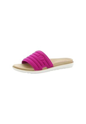 Sandalo slide con cinturino imbottito rosa acceso, soletta beige e suola in gomma bianca, inclinato per mostrare dettagli laterali e superiori.