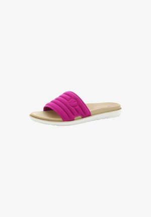 Sandalo slide con cinturino imbottito rosa acceso, soletta beige e suola in gomma bianca, inclinato per mostrare dettagli laterali e superiori.