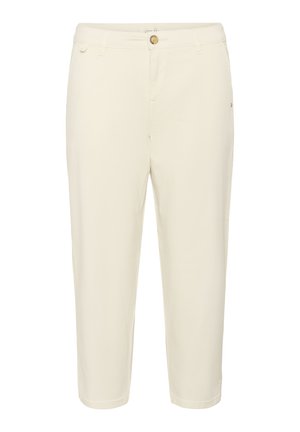 Pantaloni accorciati di colore crema realizzati in tessuto leggero, caratterizzati da chiusura con bottone, tasche frontali e design a gamba dritta.