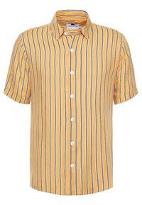Camicia a maniche corte con bottoni di colore giallo, caratterizzata da strisce verticali nere e bianche. Presenta un colletto classico e cinque bottoni bianchi.