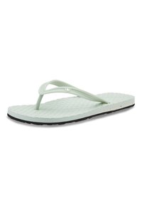 Lys grøn gummiflip-flop med struktureret sål, tynde stropper og et diskret logo. Har et fladt design og sort underside for greb.