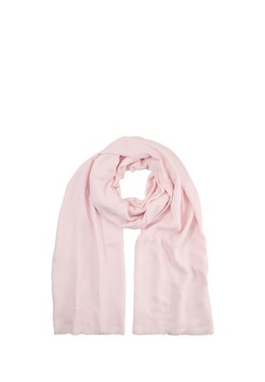 Sciarpa di tessuto rosa tenue piegata con un centro a spirale morbida e lunghe estremità che si drappeggiano su entrambi i lati.