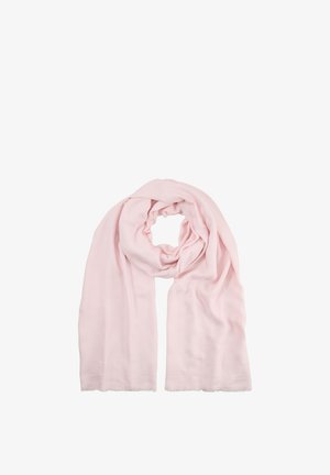Soft light pink fabric scarf folded with a loose spiral center and long ends draping down on both sides.