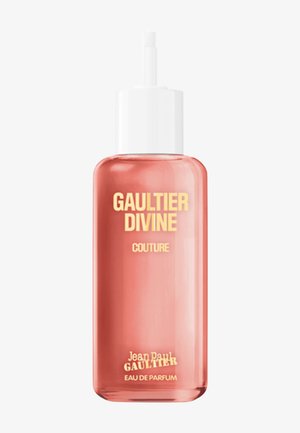 Rectangular pink glass perfume bottle with white spray top, labeled Gaultier Divine Couture by Jean Paul Gaultier Eau de Parfum.