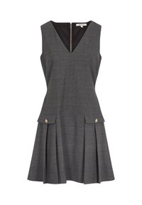 V-kauluksellinen harmaa ruudullinen hihaton mekko, jossa on istuva yläosa, laskostettu hame ja kaksi etutaskua. Kultaisten nappien yksityiskohtia taskuissa.