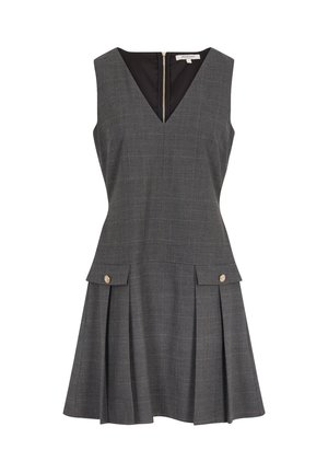 Abito senza maniche a scacchi grigi con scollatura a V, corpino aderente, gonna plissettata e due tasche frontali. Accenti in bottone dorato sulle tasche.