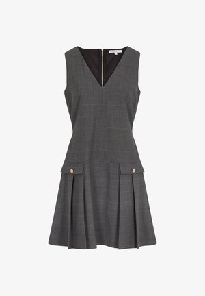 Abito senza maniche a scacchi grigi con scollatura a V, corpino aderente, gonna plissettata e due tasche frontali. Accenti in bottone dorato sulle tasche.
