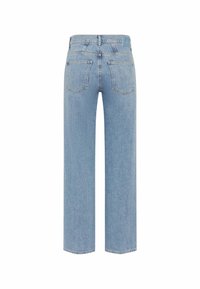 Lichtblauwe denimjeans met een rechte pijp, vijf zakken en zichtbare stiksels. Heeft een hoge taille en een licht vervaagde textuur.