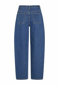 Gai zilgani džinsi ar augstu jostasvietu, platām kājām un divām aizmugurējām kabatām; tiem ir tonāls vīles un taisna maliņa.