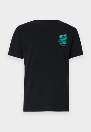 Zwart kortemouwen t-shirt met een klein turquoise 'Santa Cruz' logo en palmbomen op de bovenste linkerborst.