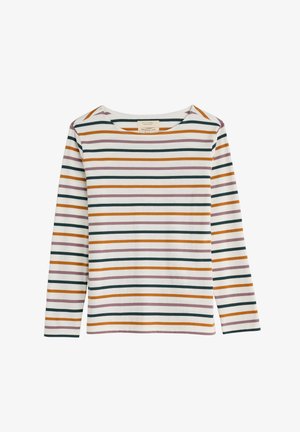 Majica s dugim rukavima od jersey tkanine, s horizontalnim prugama u zelenoj, senf, ružičastoj i bijeloj boji. Okrugli izrez i regularan kroj.