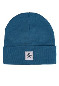 Blue knitted beanie hat featuring a folded cuff, textured fabric, and a square logo patch in black and white on the front.