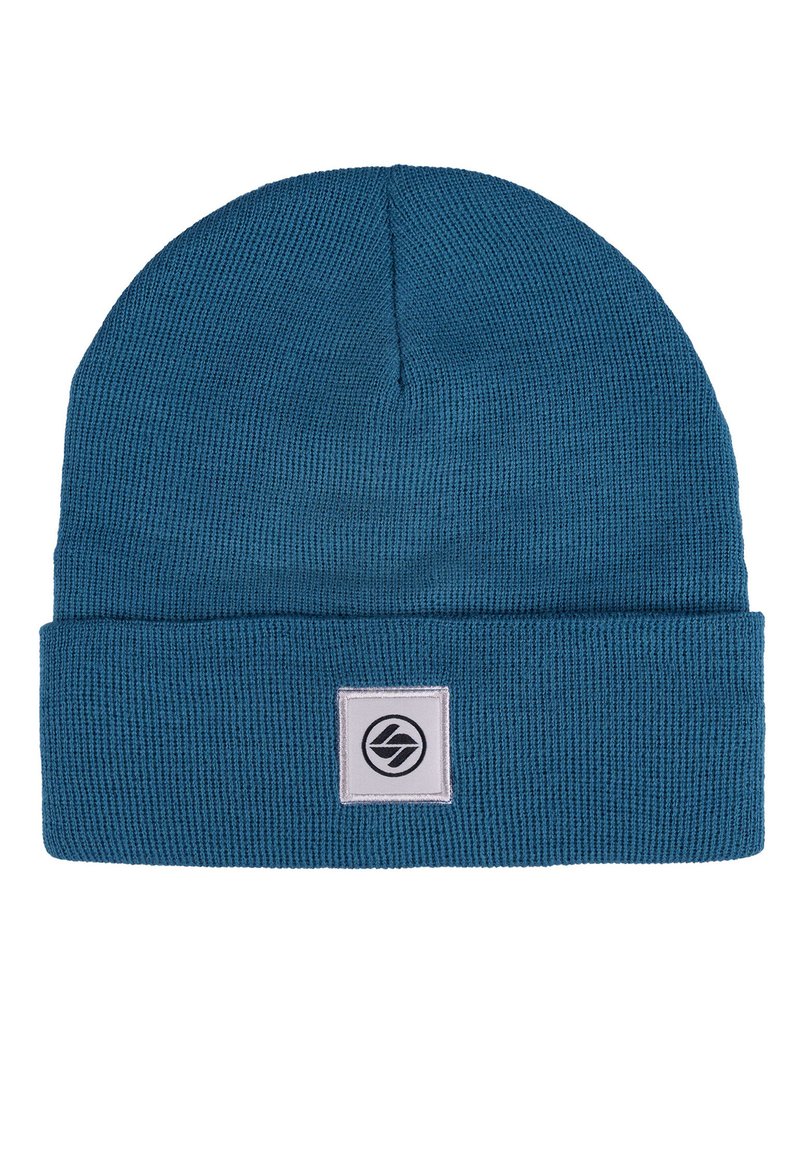 Blue knitted beanie hat featuring a folded cuff, textured fabric, and a square logo patch in black and white on the front.