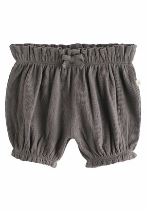 Graue, strukturierte Shorts mit einem elastischen Bund, Raffung und einem Schleifenakzent. Geeignet für die Freizeit.