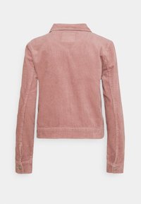 Vue arrière d'une veste en velours corduroy rose poussiéreux à manches longues, avec des poignets boutonnés et un col classique sur fond blanc.