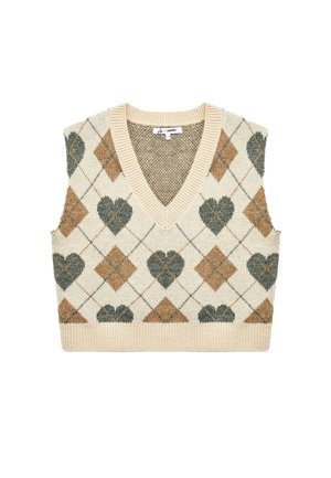 Beige gestrickte ärmellose Weste mit V-Ausschnitt, die ein Rautenmuster aus braunen Diamanten und dunkelgrünen Herzformen aufweist.
