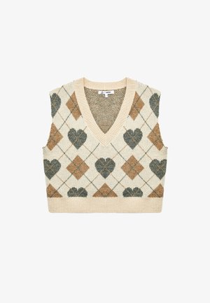 Gilet senza maniche beige in maglia con scollo a V, caratterizzato da un motivo argyle di diamanti marroni e cuori verde scuro.