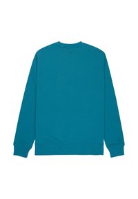 Sweat-shirt à manches longues de couleur sarcelle avec col rond, poignets et ourlet côtelés, montré de dos sur un fond blanc.