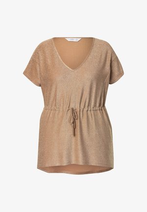 Kortærmet top med V-udskæring i et skinnende guldstof med elastisk talje og snorelukning. Glat tekstur, afslappet pasform, bølget kant.